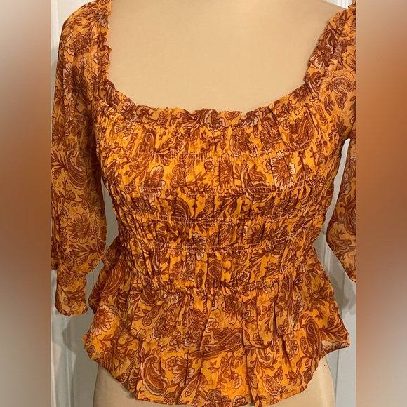 Patrons of Peace Boho Floral Smocked Ruffle Top Marigold Size Small S NEW - Picture 3 of 5